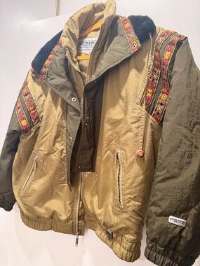Vintage Fera Skiwear Two-Tone Khaki & Olive Jacket with Embroidered Trim